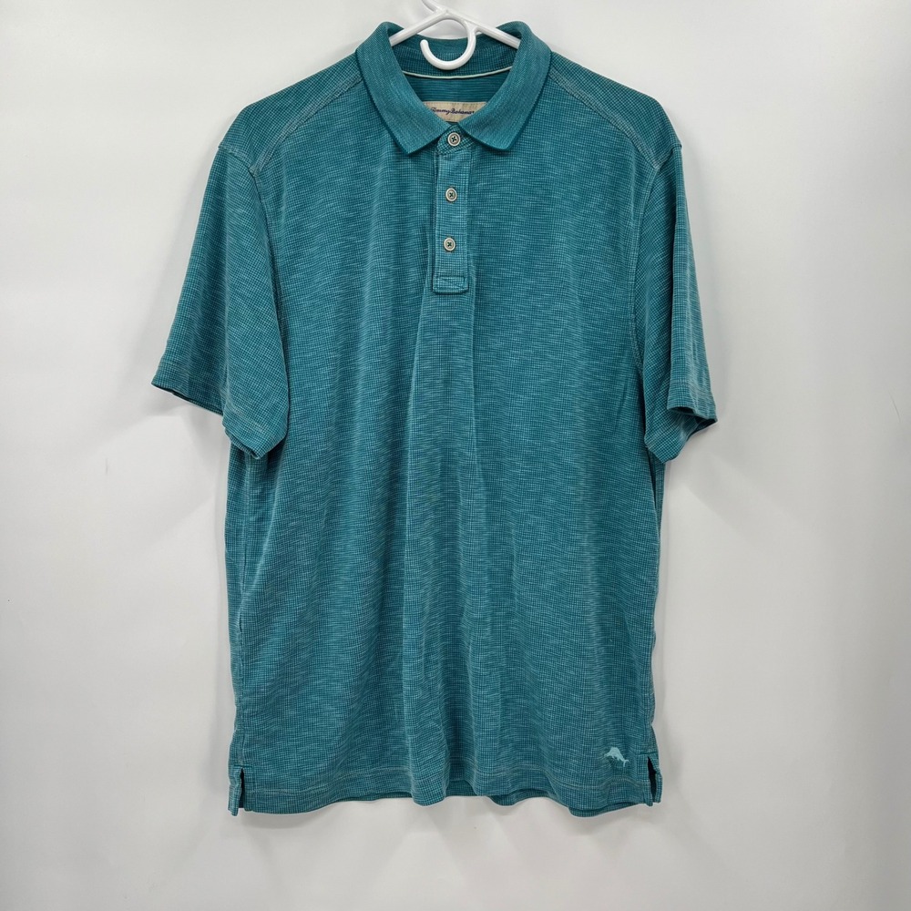 Tommy Bahama Large Polo Shirt Mens Teal Blue Textured Modal Blend Short Sleeve